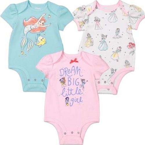 Disney Princess Ariel Cinderella Belle Newborn Baby Girls 3 Pack Short Sleeve Bodysuits 0-3 Months