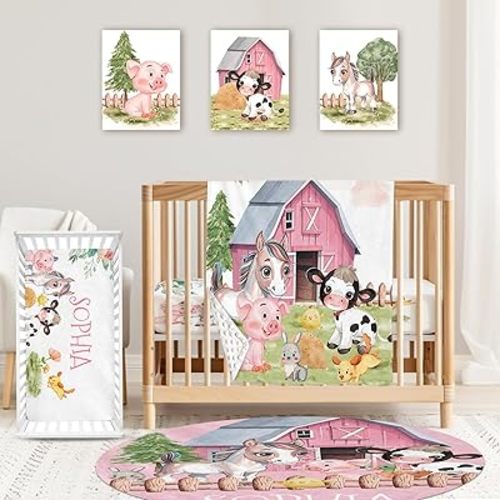 Personalized Baby Crib Bedding Set: 4 Piece Custom Animal House Crib Bed Set with Name, Nursery Bedding Set for Baby Girls, Newborn Boys Crib Sets, Crib Bedding Custom Gift, Crib Sheet