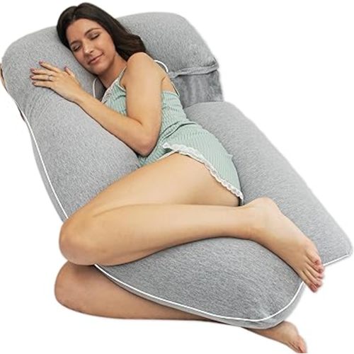 Pharmedoc Pregnancy Pillows, U-Shape Full Body Pillow -Removable Jersey Cotton Cover -Grey & Piping- Pregnancy Pillows for Sleeping - Body Pillows for Adults, Maternity Pillow and Pregnancy Must Haves