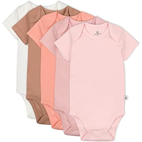 HonestBaby Baby Girls' Short Sleeve One-Piece 100% Organic Cotton Bodysuits (5 Pack)