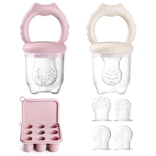 Qkie 2 Silicone Baby Food Feeders & 1 Baby Food Freezer Tray & 4 Extra Pouches- Safe Introduction to New Foods, Frozen Milk & Puree - Ideal for Infants and Toddlers (Ice Cream Pink)