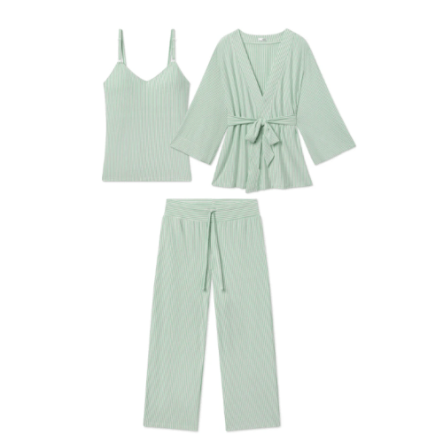 LAKE | Medium | DreamModal Pajamas | Parisian Green Pencil Stripe Maternity Kimono Bundle