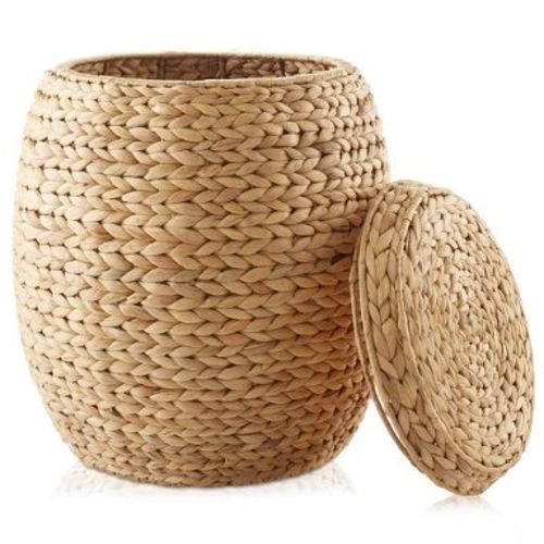 Casafield Round Storage Basket with Lid, Natural - Handwoven Water Hyacinth Hamper for Laundry, Blankets, Plants