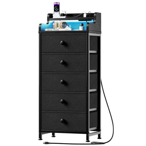 GUNAITO 5 Drawer Dresser Chest of Drawers LED Dressers for Bedroom with Power Outlets Wooden Top Steel Frame for Adults Black Grey