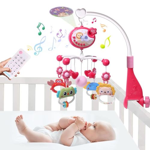 YUNGCHI Baby Mobile for Crib with Crib Toys Music and Lights for Pack and Paly Crib Musical Carousel Mobile Baby Mobile for Girls and Boys Portable Mobile for Baby Bassinet Toys Hanging - Red