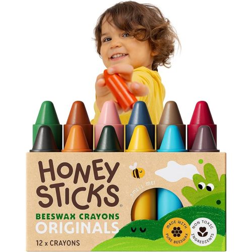 Honeysticks 100% Pure Beeswax Crayons (12 Pack) - Non Toxic Crayons for Toddlers 1-3, Safe for Baby from 1 Year Old Plus, Handmade with Natural Beeswax and Food-Grade Colors, Eco Friendly