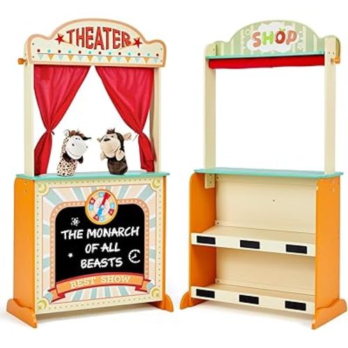 labebe - Deluxe Wooden Puppet Theater Bonus 2 Hand Puppet, ﻿2-in-1 Clock Theater Reversible Play Store, Double-Sided Lemonade Stand, Puppet Show Theater Toy with Chalkboard for Kids 36M+