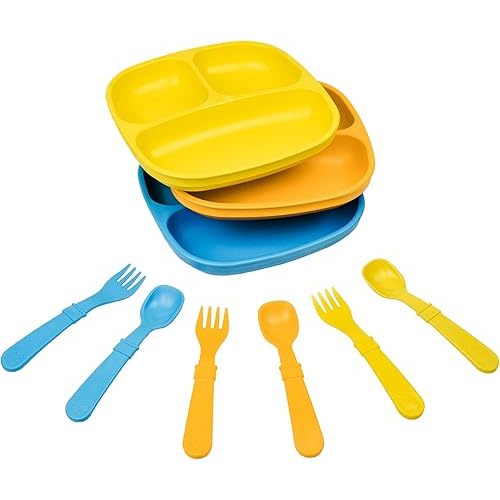 Re-Play 3x3 Divided Toddler Plates and Utensils Set - Toddler Forks and Spoons Set - Dishwasher and Microwave Safe - Made in USA - Spring
