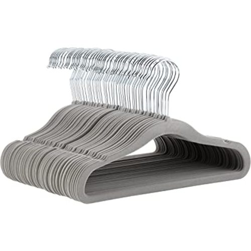 Amazon Basics Kids Velvet, Non-Slip Clothes Hangers for Infant and Toddler, 11.6 Inches (for baby clothes), Pack of 50, Gray