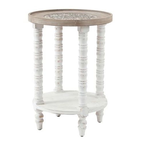 LuxenHome 26" Rustic Round Side Table with Storage, 2-Tier Distressed White and Natural Wood Farmhouse Accent End Table for Living Room Off-White