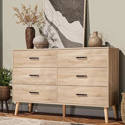 Bigbiglife Wood Dresser for Bedroom, 6 Drawer Dresser with Metal Handles, Mid Century Modern Dresser Double Chest of Drawer (Light Oak)