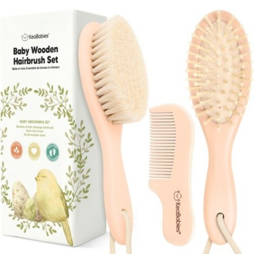 Baby Hair Brush and Comb Set, Oval Wooden Baby Brush Set for Newborns, Infant, Toddler Grooming Kit