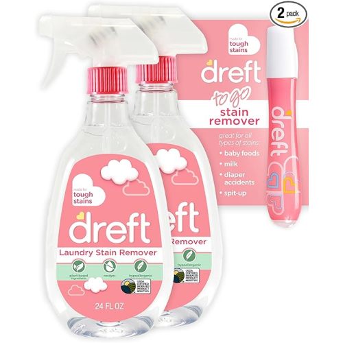 Dreft Stain Remover for Baby Clothes, Fragrance Free and Hypoallergenic Baby Stain Remover Spray Plus Travel Size Stain Treater Pen, 24 Fl Oz ( Pack of 2 + Stain Pen)