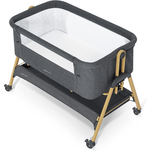 ANGELBLISS Flat Bedside Bassinet, Easy Folding Bedside Crib with 100% Breathable & Washable Mattress Bed(Black)(0-6 months)