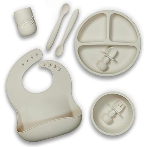 Silicone Baby Feeding Set, Baby Led Weaning Supplies - Suction Plate and Bowl, Self Feeding Spoon and Fork, 2 Bendable Spoons, Tiny Cup, Bib, First Stage Eating Utensils, Baby Dishes