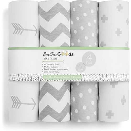 BaeBae Goods Premium Crib Sheets for Baby Boys and Girls, 4 Pack, Soft and Breathable Jersey Knit Fitted Sheet Set, Grey and White, Cute Gender Neutral Nursery Mattress Bedding, Universal Fit