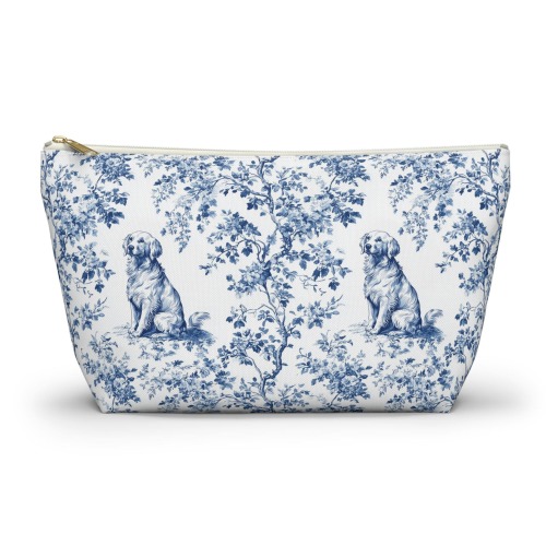Golden Retriever Toile Cosmetics Bag, Blue French Toile de Jouy Accessory Bag for Golden Mom, Zippered Makeup Travel Pouch, Dog Lover Gift