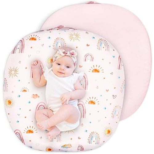 Newborn Lounger Cover for Girls Boys, Removable Soft Baby Lounger Cover, Reversible, Minky, Pink Rainbow & Sun