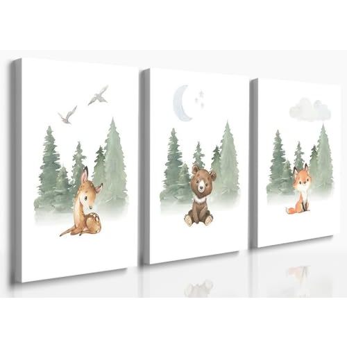 GUBIYU Woodland Animal Nursery Wall Art Decor Set of 3 Baby Boys Room Wall Art Forest Animal Canvas Wall Decor Kids Art Prints Watercolor Bear Deer Fox Pictures Artwork for Bedroom Nursery 12"x16"