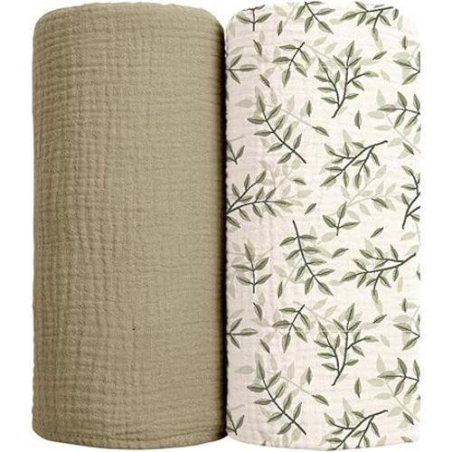 lulumoon Muslin Swaddle Blankets for Baby: Cotton & Soft Receiving Blanket for Newborn with Leaves Printed- Neutral Gift for Baby Shower 2pack(Olive Leaf)