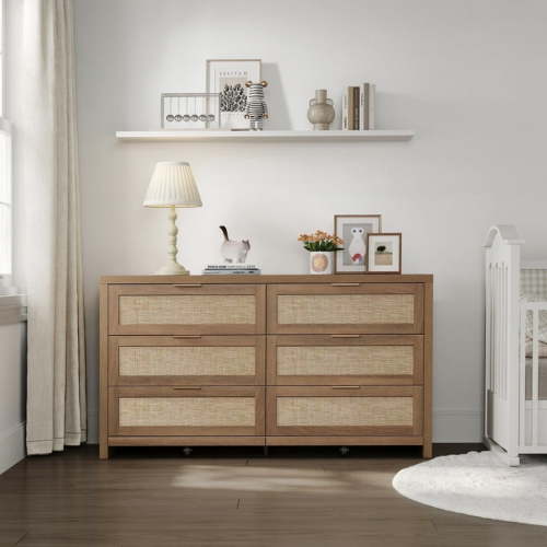 SICOTAS 56.85" 6 Drawer Tall Dressers, Rattan Dresser with Large Storage  Space Boho Dressers & Chests of Drawer Engineered Wooden Dressers for Bedroom,Oak