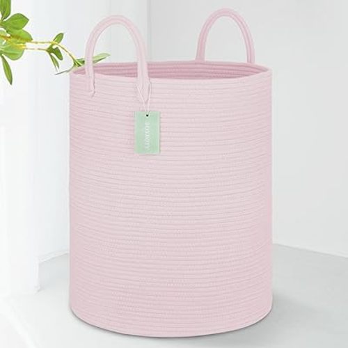 Large Cotton Rope Laundry Basket Hamper for Girls Kids 65L, Baby Nursery Hamper Bin, Tall Woven Storage Basket for Living Room Girls Room,16”x 20”, Light Pink