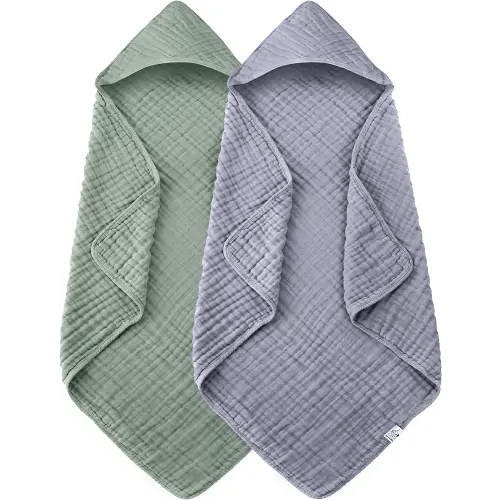 2 Pack Hooded Baby Towels - 100% Muslin Cotton for Newborns, Infants, Toddlers - Large 32x32Inch Size - Highly Absorbent and Essential for Newborn Care, Green and Grey