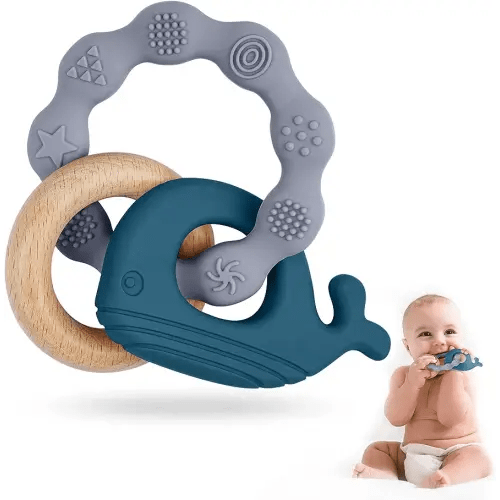 Vicloon Baby Teether Toys, Silicone & Natural Wood Teether Ring, Baby Teething Toys for Babies 3 Months+, Silicone Chewable Rings for Newborn Gift（Blue）