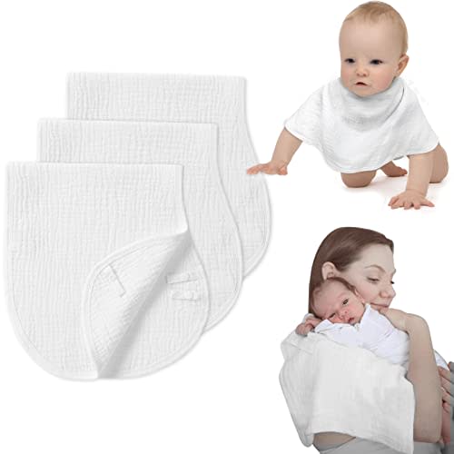 COTTONBEBE Muslin Burp Cloths with Snaps, Multi-Use Burpy Bib 100% Natural Cotton,Large 22"X11" Extra Absorbent Burping Cloth for Baby Girl & Boy, White