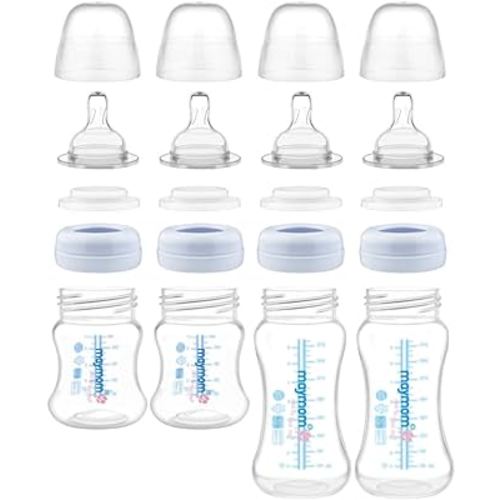 Maymom Wide-Mouth Milk Storage Collection Feeding Bottle with Nipple, Dome Cap, Bottle Top, SureSeal Disk; Compatible with Spectra/Luna Pumps; 4.7oz/140mL, 2pc & 9oz/280mL, 2pc