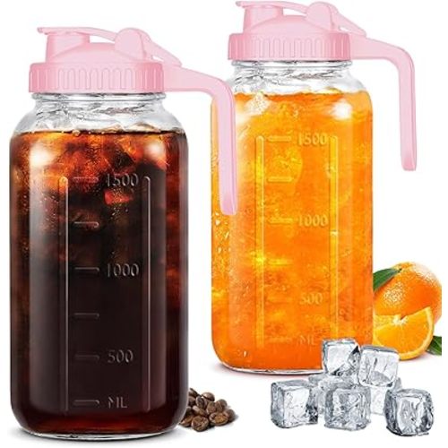 Mason Jar Pitcher, 64 OZ Breast Milk Pitcher Double Leak Proof with Pour Spout Handle, Wide Mouth Iced Tea Pitcher for Fridge, Creamer Container for Coffee, Sun Tea juice (Pink,2 Pack)