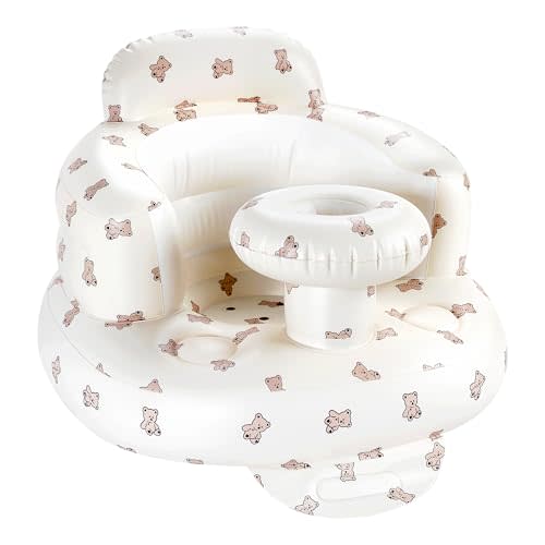 Hvygss Inflatable Baby Seat with Tray, Comfortable Sit Me Up Floor Seat for Baby Learning to Sit, Portable Built in Air Pump Back Support Blow Up Infant Floor Chair for Babies 3 Months (Bear Cub)