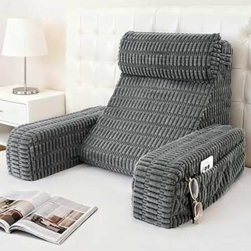 19" Reading Pillow for Bed with Built-in Arms & Large Pockets, Supportive Backrest Cushion for Reading, Resting, or Reclining, Washable Cover – Grey