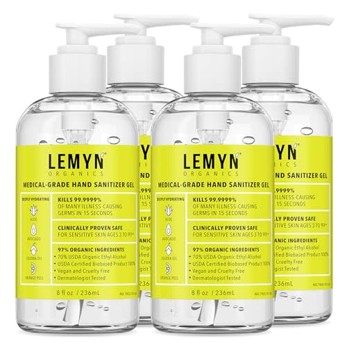 Lemyn Organics Medical Grade Hand Sanitizer Gel - 97% ORGANIC - 8 FL.OZ. with PUMP (PACK OF 4)