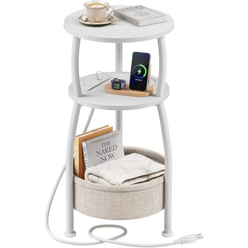 Round Side Table, 3-Tier End Table with Power Outlets, Small Table with Storage Basket, Coffee Table Sofa Side Table for Small Spaces, Nightstand for Living Room Bedroom, 11.81in, Matte White