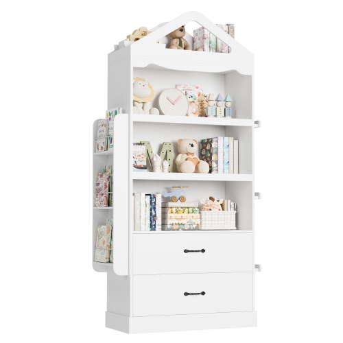 Homfa 71'' Tall Kids Bookcase with 2 Drawers & 3-Tier Shelves, Wooden Triangular Top Bookshelf with Side Book Racks for Kids Room, White
