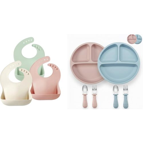 PandaEar Set of 3 Silicone Baby Bibs ＆ Baby Feeding Set