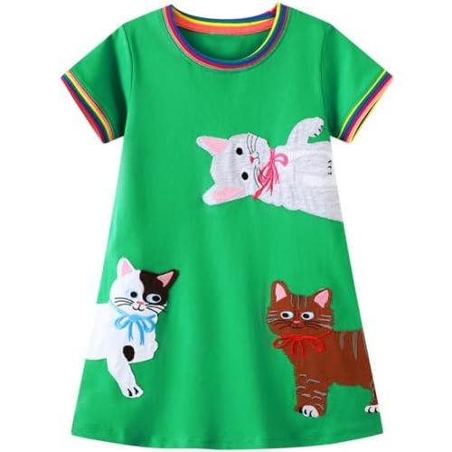 Toddler Girls Cotton Embroidery Applique Short Sleeve Dresses 2-7Y