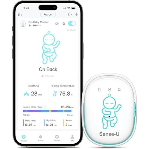 Sense-U Pro Baby Breathing Movement & Sleep Position Monitor with Gentle Vibration Alerts, Temperature Notifications, Audible & App Alerts, Sleep Analysis, Long Battery Life, Easy Clip-On Design