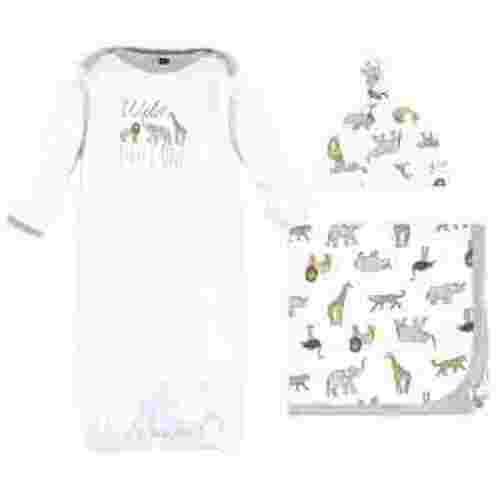 Hudson Baby Gown, Swaddle Blanket and Cap or Headband, Modern Neutral Safari, 0-6 Months