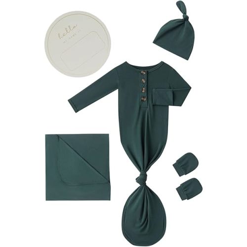 Newborn Baby Swaddle Blanket Set with Baby Knotted Gown, Mittens, Hat - Bamboo Viscose Receiving Blanket Bundle (Army Green)