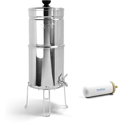 ProOne Big+ Gravity Water Filter System - High Capacity Countertop Stainless Steel Water Filter Dispenser - IAPMO Certified to Reduce Lead, Total PFAS, Microplastics, Chlorine Taste & Odor