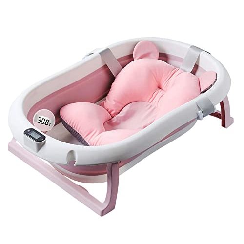 Foldable Baby Bath Tub,Newborn Baby Tub with Soft Bath Mat and Real Time Water Temperature Display(Pink Bath Tub + Bath Mat)