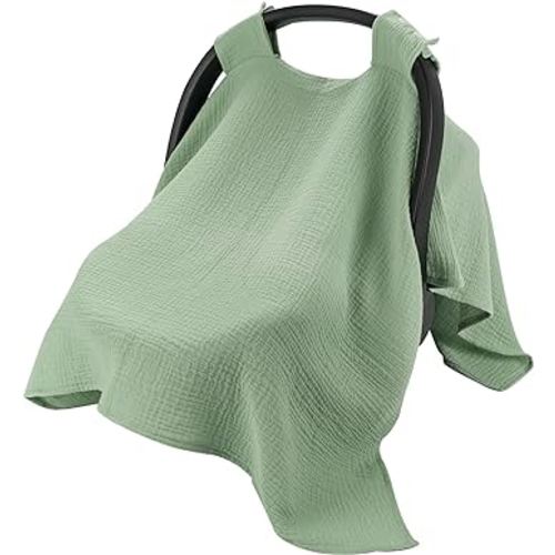 SERAPHY 100% Muslin Cotton Car Seat Covers for Babies, Universal Baby Car Seat Cover, Breathable Muslin Carseat Cover Canopies for Boys and Girls, Soft Infant Car Seat Cover for Summer -Green