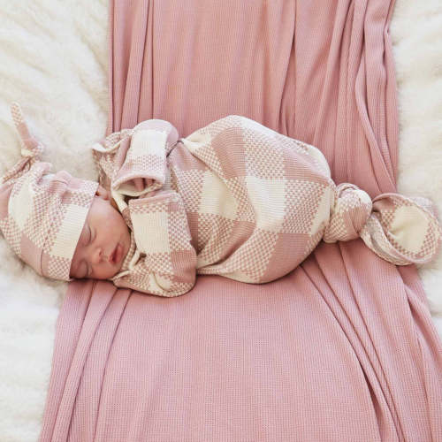 Big Check Bamboo Waffle Newborn Baby Knot Gown & Hat Set | Rosy