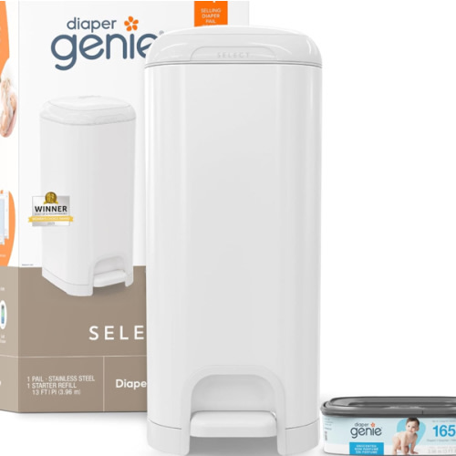 Diaper Genie Select Pail is Made of Durable Stainless Steel and Includes 1 Starter Square Refill That can Hold up to 165 Newborn-Sized Diapers.