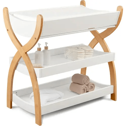 Comfy Cubs Baby Changing Table - Sturdy Wood Construction, Timeless Look Baby Change Table with Two Open Shelves for Infant Daycare Essentials Storage - White with Natural Wood Legs