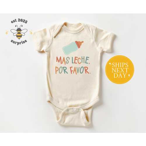 Mas Leche Por Favor Onesie® - Spanish Baby Bodysuit - Cute Multicolor Bottle Natural Bodysuit - Funny Baby Shower Gift