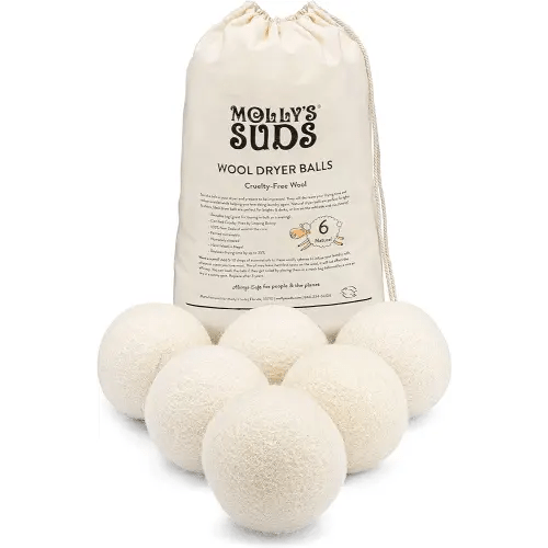 Molly's Suds Wool Dryer Balls | XL, Premium Organic Fabric Softener, Hypoallergenic, Hand-Felted, Reusable, Reduce Drying Time | White, Set of 6