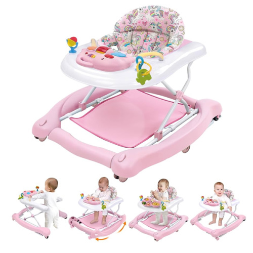 Foldable Baby 5-in-1 Activity Walker - Rocker, Activity Center, Bouncer, Seat Walker, Push Walker - Adjustable Speed Rear Wheels and Height Toys Ages 6-18 Months… (Pink)